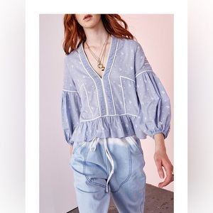 Ulla Johnson etienne blouse 3/4 sleeve EUC crop peplum embroidered boho style